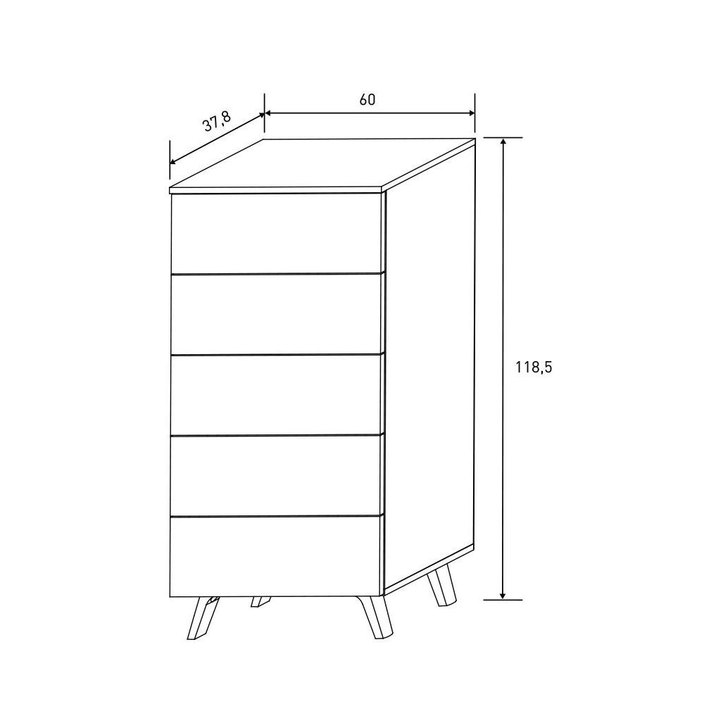 Sinfonier con 5 Cajones y con Patas, Comoda Cajonera Dormitorio, Color Mauvella-rayas, 60cm (Anc) x 118,5cm (Al) x 37,8cm (Fon)