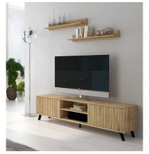 Conjunto de Salón Mueble Completo: Bajo TV, Mueble Bar, Estantería y Mueble Colgar - Estilo Mauvella Rayas.